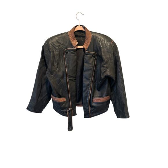 Vintage Butter Soft Black Leather Moto Jacket Brown Trim Quiet Luxury Minimalist - Picture 11 of 16